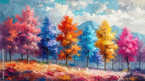 A picturesque picture of nature. Trees in the forest painted with bright colors. Oil paint strokes create a landscape.