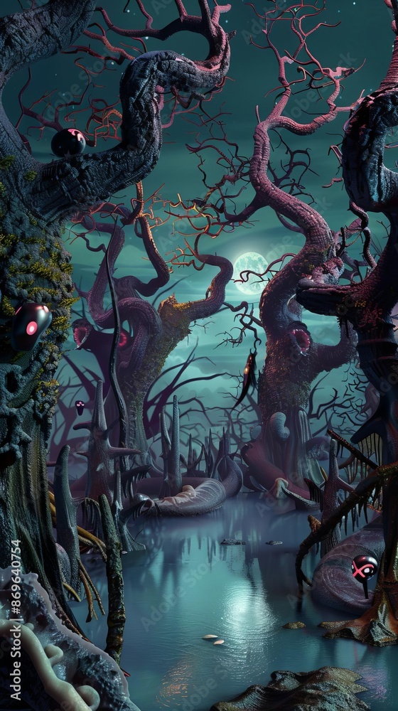 296 Utterly petrifying 3D cartoon haunted swamp with gnarled trees and lurking monsters for Halloween 296 Utterly petrifying 3D cartoon haunted swamp with gnarled trees and lurking monsters for Halloween