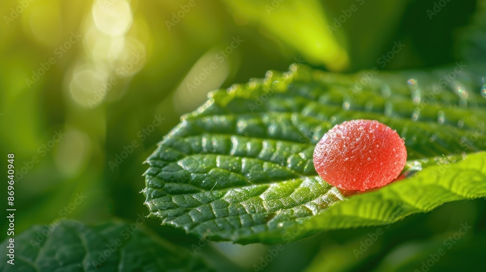 Red berry on green leaf with morning dew, close-up shot Red berry on green leaf with morning dew, close-up shot