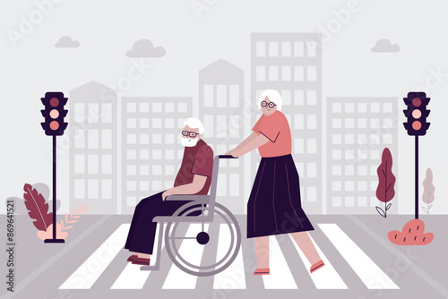 Elderly pedestrians cross road at crosswalk. Old woman is carrying grandfather in wheelchair. Love couple moves on foot around city. Accessible environment