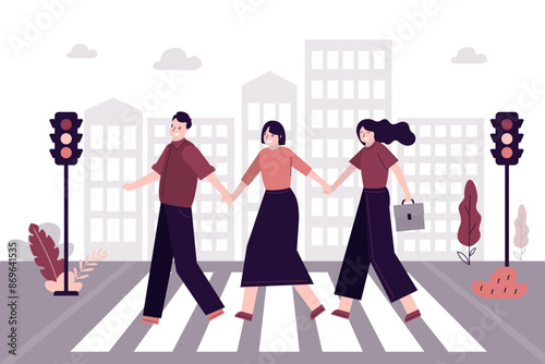 Young adult pedestrians cross road at crosswalk. People moves on foot around city. Pedestrian safety, citizens follow rules of road. City view, urban way, traffic light