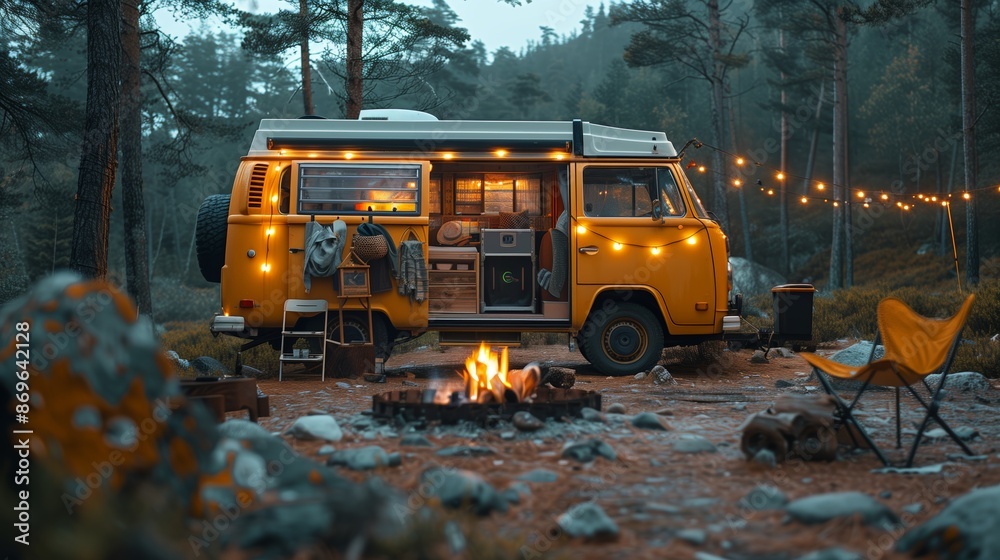 Yellow Camper Van Parked in a Forest With a Campfire Yellow Camper Van Parked in a Forest With a Campfire