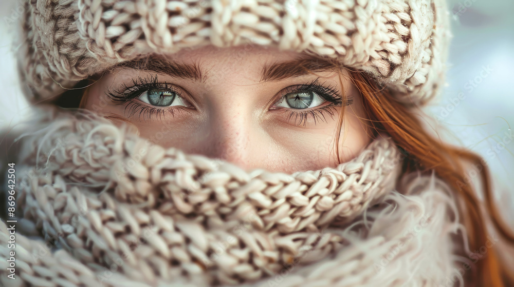 Close-up portrait of a womans eyes peering through a knitted scarf, captured during a winter day Close-up portrait of a womans eyes peering through a knitted scarf, captured during a winter day