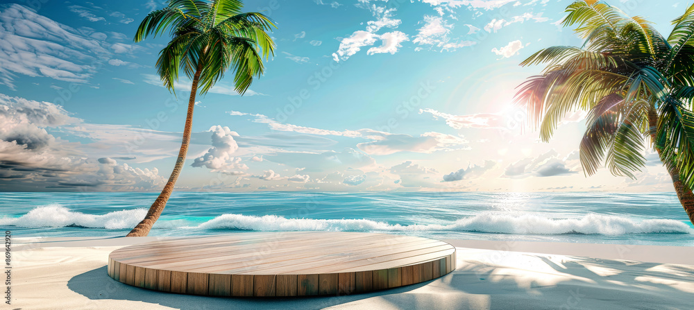 Obraz premium A wooden podium sits on a pristine beach under the shade of swaying palm trees, overlooking a turquoise ocean with waves gently lapping at the shore