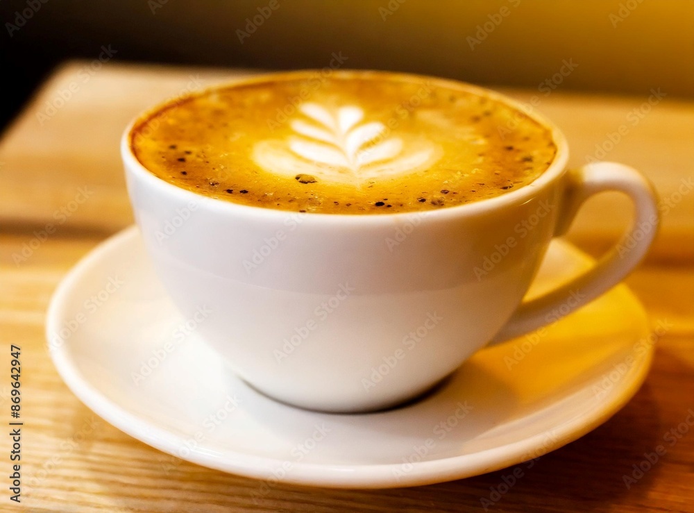 Big white hot cup of coffee isolated on wooden table top view closeup Big white hot cup of coffee isolated on wooden table top view closeup