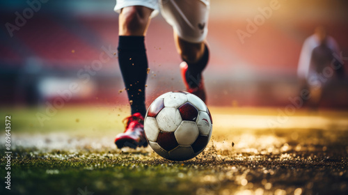 A soccer player is kicking a soccer ball on the field of dreams.