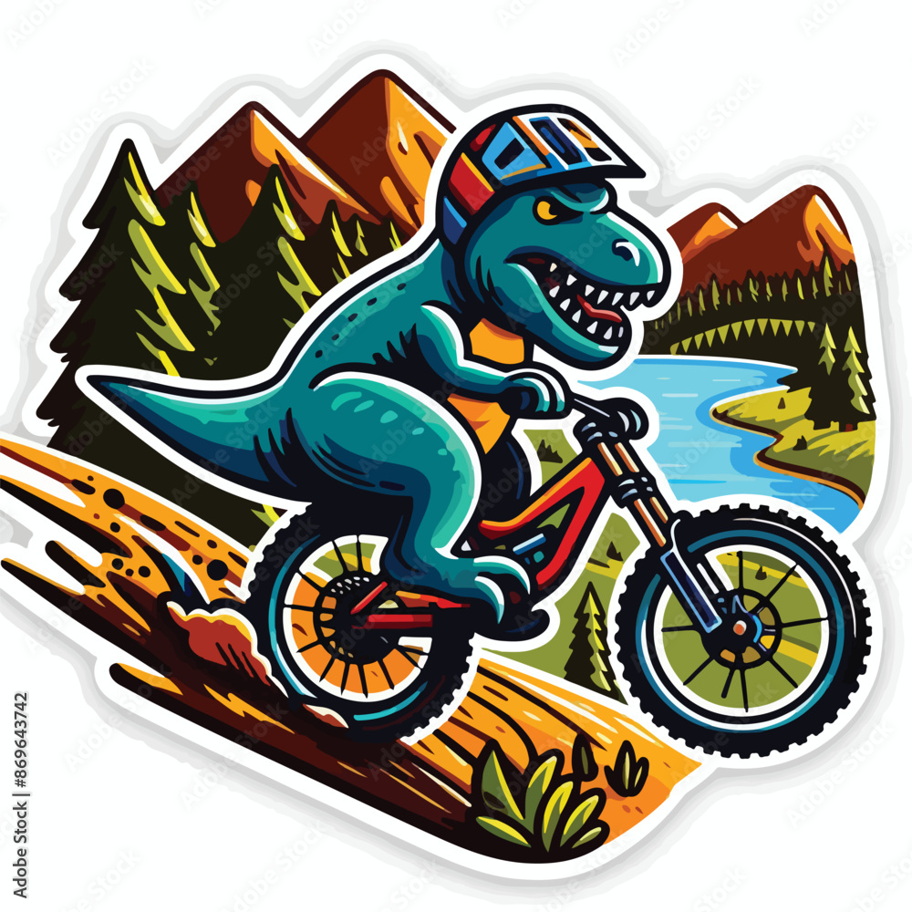 Fototapeta premium dinosaur riding a bike with mountain