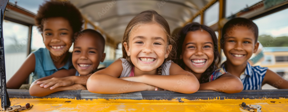 A diverse group of children happily boarding a school bus, symbolizing unity and excitement for the new school year. Perfect for transportation ads, back-to-school