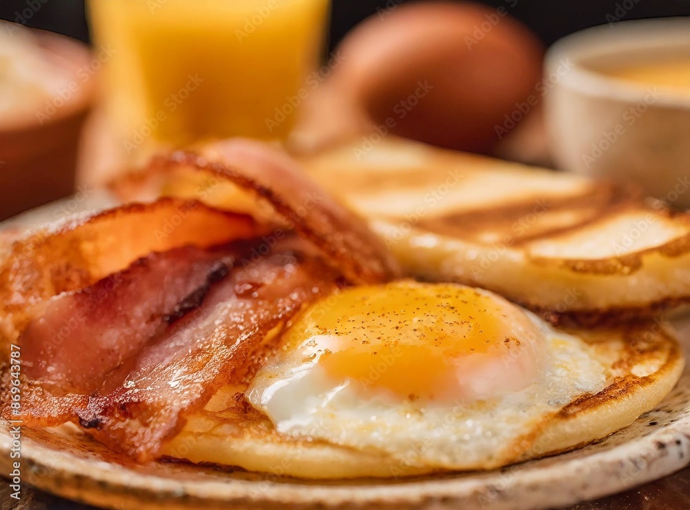 Breakfast with eggs and bacon, also toasts and orange juice. Homemade, on a Sunday morning. Breakfast with eggs and bacon, also toasts and orange juice. Homemade, on a Sunday morning.