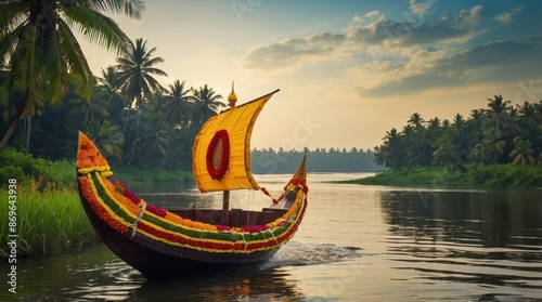 South Indian Festival Onam Boat at river on decorative