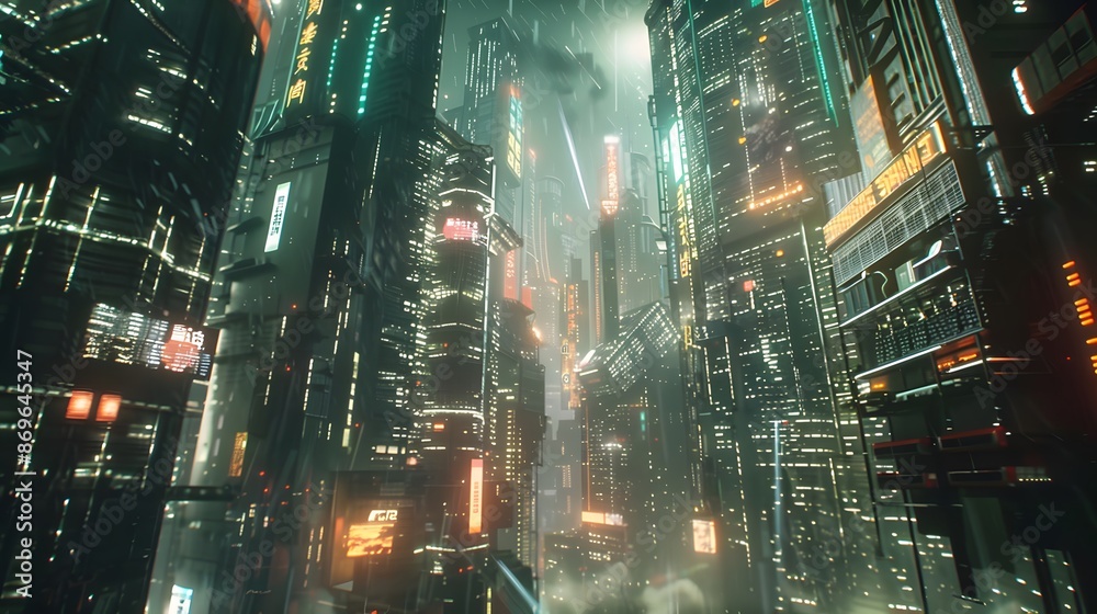 A futuristic cyberpunk cityscape at night with glowing neon lights and towering skyscrapers, showcasing a high-tech urban environment. A futuristic cyberpunk cityscape at night with glowing neon lights and towering skyscrapers, showcasing a high-tech urban environment.