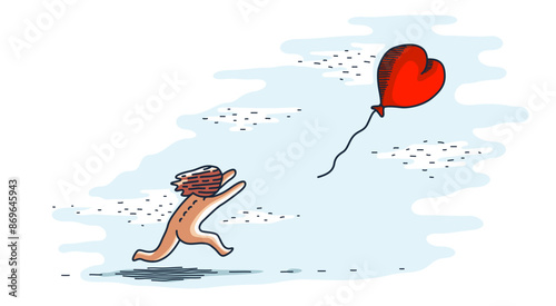 Feelings are gone concept, vector illustration of a person running and trying to catch heart shaped balloon on a wind, love is gone, let it go.