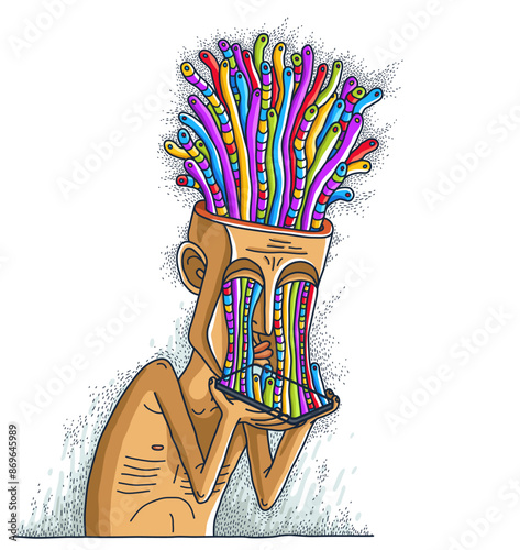 Mobile phone internet addiction, vector illustration of addicted man holding a phone with worms growing from it, brain damaging and degradation.