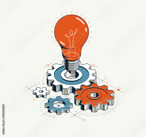 Engineering idea concept, innovation, invention and solution metaphor, light bulb with gears vector 3D isometric illustration, mechanical engine works.