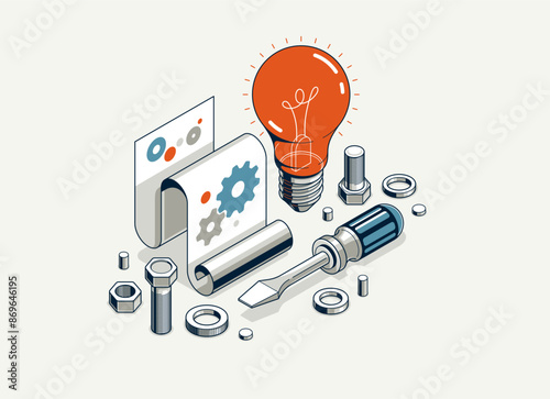 Innovation, invention and solution concept, light bulb with gear vector 3D isometric illustration or icon, technology and technics, mechanical engineering.