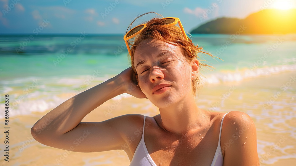 Heat stroke - Woman having sun stroke on sunny beach. Woman on hot beach with sunstroke Heat stroke - Woman having sun stroke on sunny beach. Woman on hot beach with sunstroke