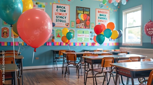 A classroom decorated with colorful balloons and festive posters for a celebration or party