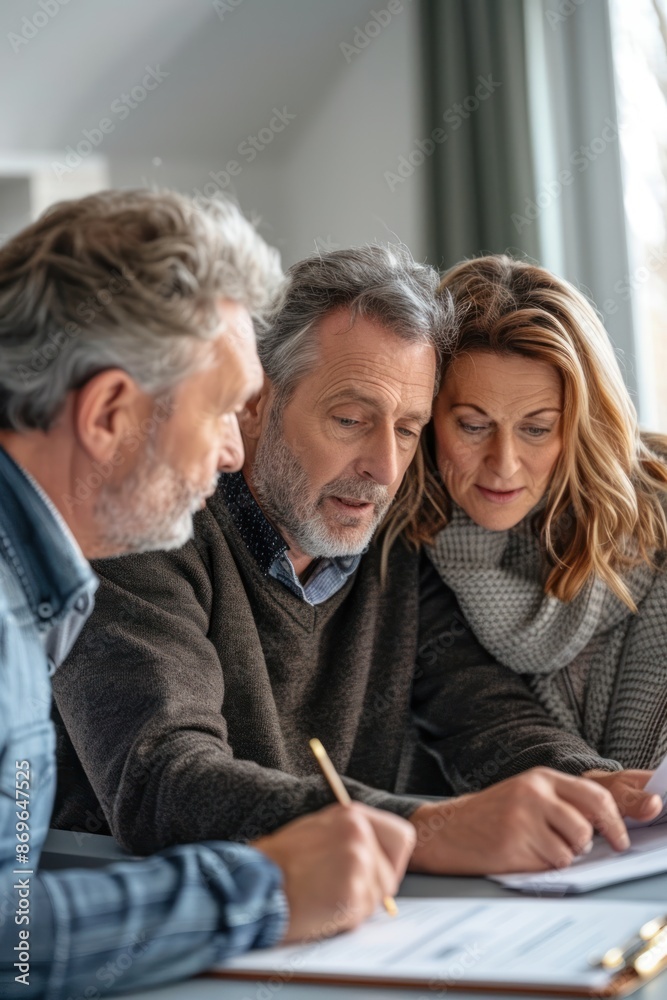 Portrait half-body of an American couple assessing their mortgage options with a financial planner in a bright room, hyper-realistic, high detail, photorealistic Portrait half-body of an American couple assessing their mortgage options with a financial planner in a bright room, hyper-realistic, high detail, photorealistic