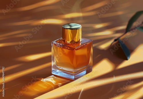 Glass Perfume Bottle With Gold Cap On Orange Background