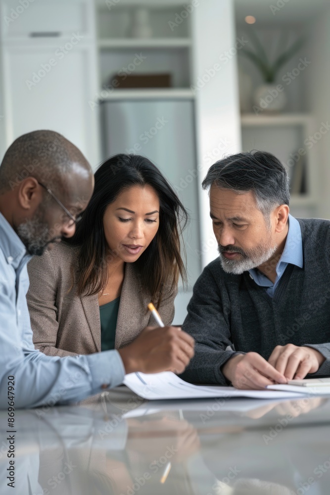 Portrait half-body of a multi-ethnic couple assessing their mortgage options with a financial planner in a bright room, hyper-realistic, high detail, photorealistic Portrait half-body of a multi-ethnic couple assessing their mortgage options with a financial planner in a bright room, hyper-realistic, high detail, photorealistic