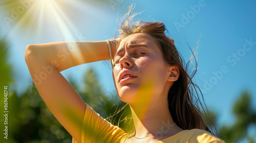 Heat stroke - Girl is suffering from heat, woman with heatstroke. Having sunstroke at summer hot weather.