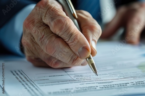 Close-up of a financial advisor's hand pointing at a retirement plan document, hyper-realistic, high detail, photorealistic