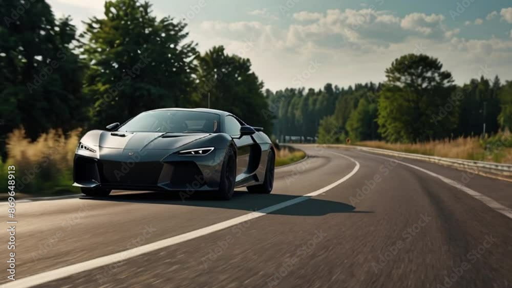 Black Sports Car Driving on Winding Road Through Forest Black Sports Car Driving on Winding Road Through Forest