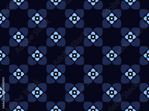 Cute small flowers pattern heart shapes motif continuous classic blue checkered background. Modern decoration ditsy floral fabric design textile swatch ladies dress, men's shirt all over print block.