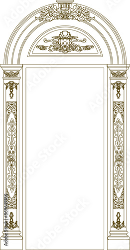 Vector silhouette illustration sketch of detailed design of an old classic vintage ethnic traditional wooden door full of carvings 