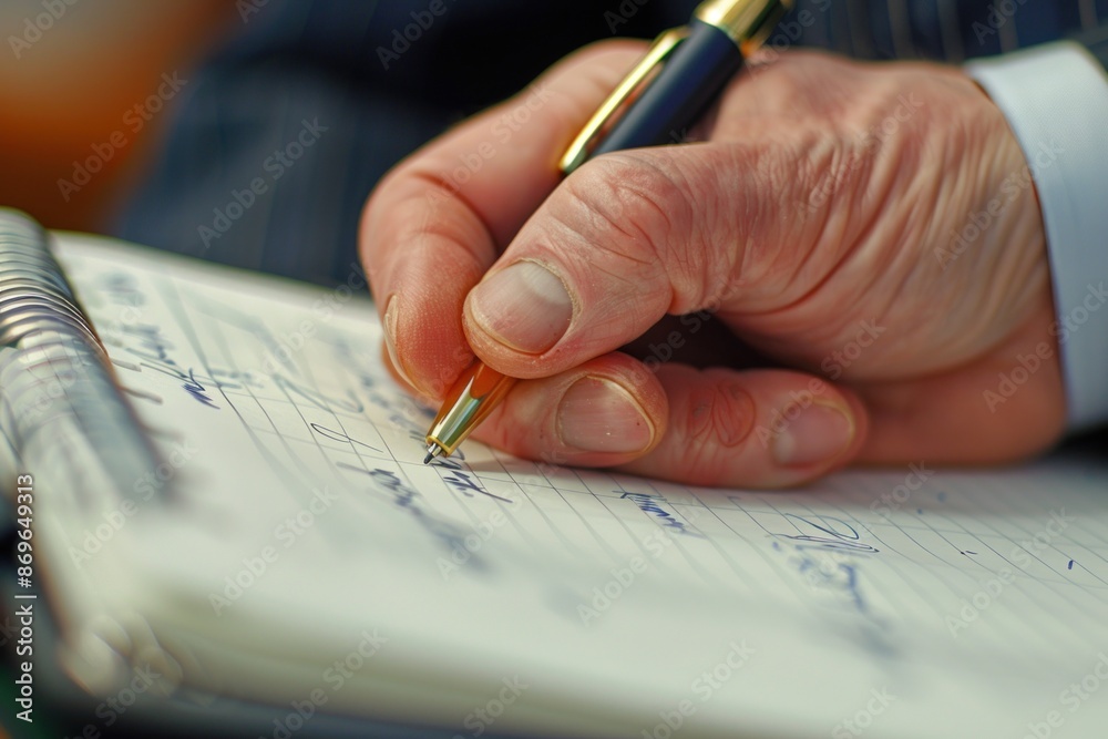 Close-up of a financial advisor's hand writing on a notepad, hyper-realistic, high detail, photorealistic Close-up of a financial advisor's hand writing on a notepad, hyper-realistic, high detail, photorealistic