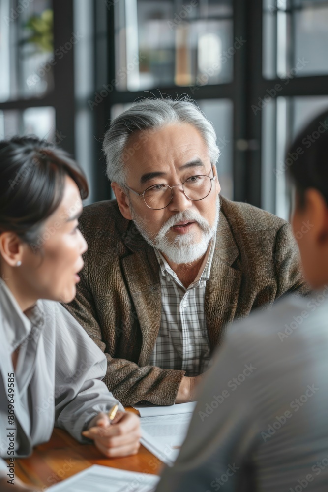 Obraz premium Portrait half-body of a Japanese middle-aged couple discussing retirement plans with a financial planner in a modern office, hyper-realistic, high detail, photorealistic