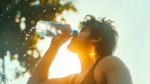 Heat stroke - Man pouring water from plastic bottle on his head in hot day, summer hotest sunlight , highlighting its graceful features photo