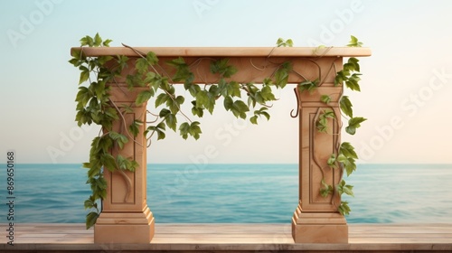 Wallpaper Mural Tranquil Wooden Podium with Vines in Serene Ocean Illustration - Natural Soft Colors for Peaceful Atmosphere Torontodigital.ca