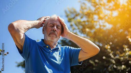 Heat stroke - Senior man in blue shirt suffering from heat stroke outdoors, highlighting its graceful features