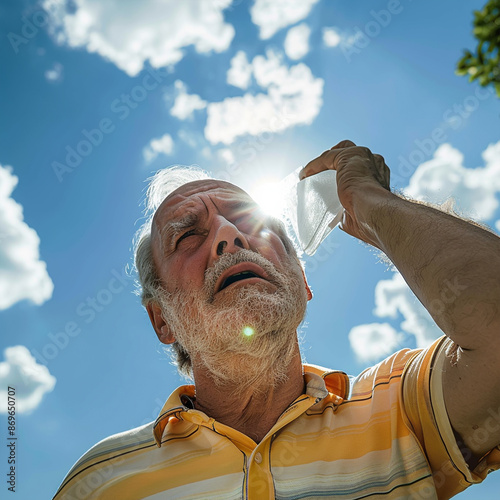 Heat stroke - Senior man with cold pack suffering from heat stroke outdoors