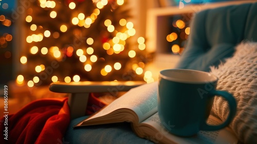 A cozy Christmas reading nook with a tree and lights photo