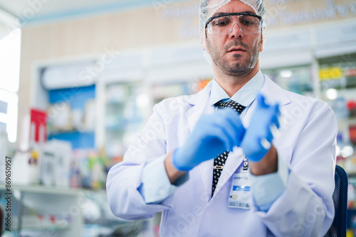 Handsome male scientist prepares for an experiment by wearing latex gloves. Experimenter arranges equipment for experiment on table in modern industrial science lab.