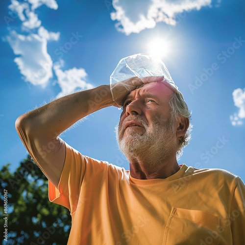 Heat stroke - Senior man with cold pack suffering from heat stroke outdoors