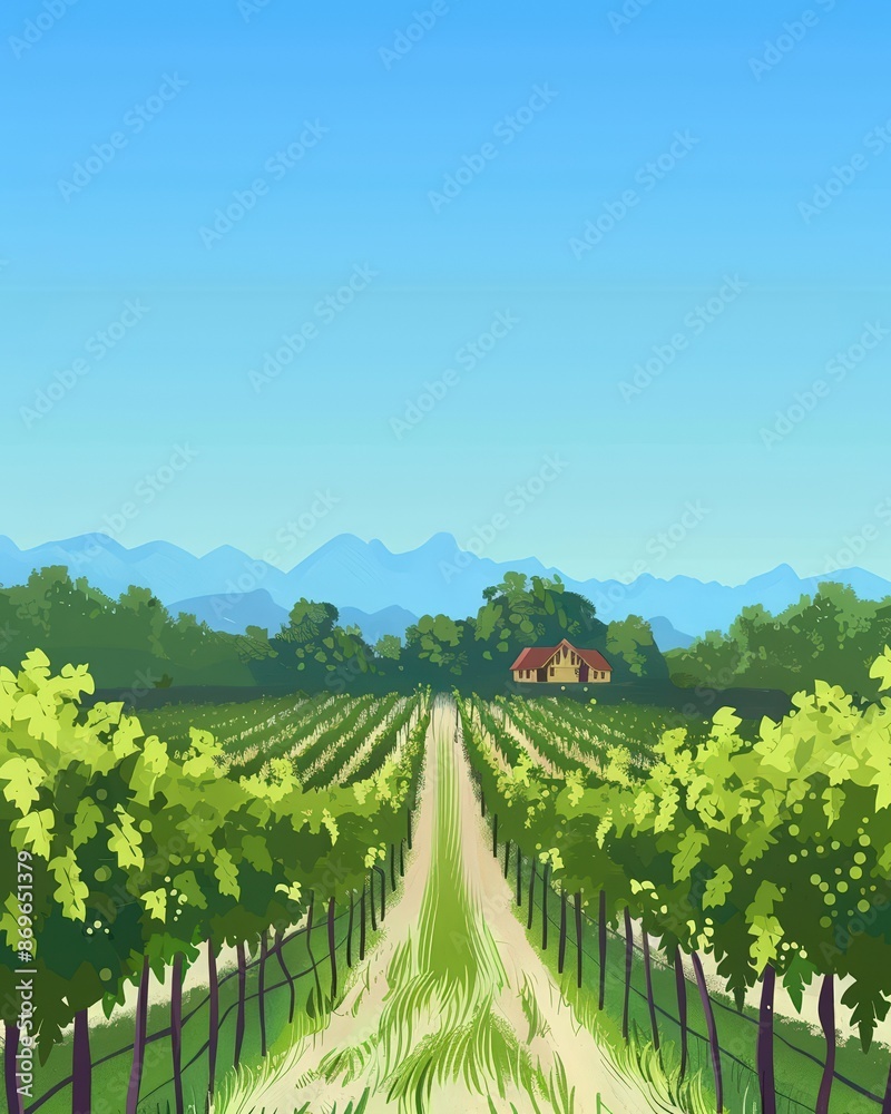 A cute cartoon Style ofA picturesque vineyard with rows of grapevines under the sun A cute cartoon Style ofA picturesque vineyard with rows of grapevines under the sun