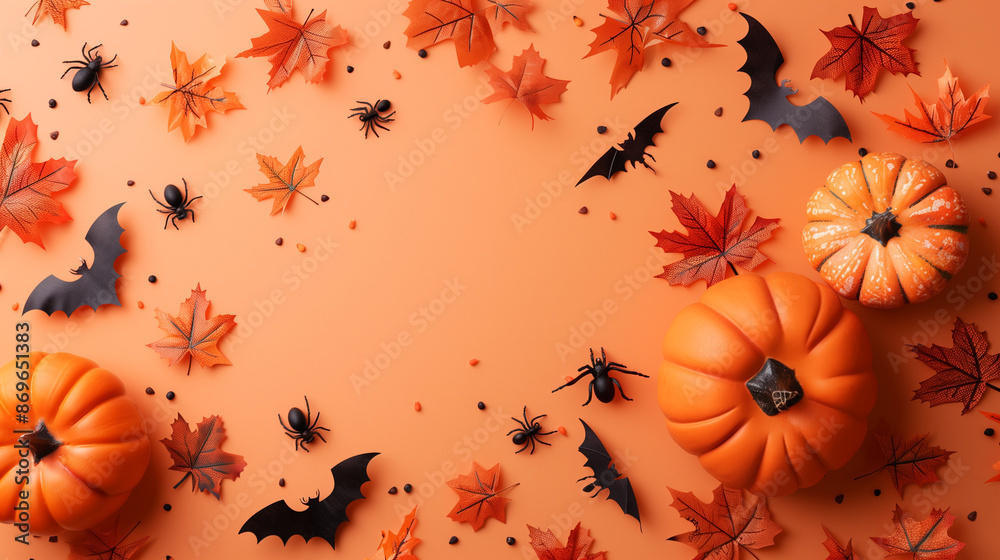 Halloween flat lay composition with pumpkins, spiders, bats, maple leaves on pastel orange background.