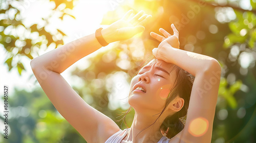 Heat stroke - Sport asian woman gets tired and get dizzy, feel bad pain and suffer from heat stroke outdoors with strong sunlight in summer season.
