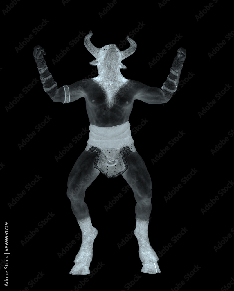 minotaur in angry and also is looking up on white background