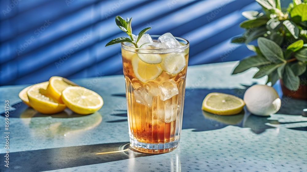 Fototapeta premium Iced tea with lemon and ice in a tall glass refreshing drink or lemonade on a hot summer day, on bar background.