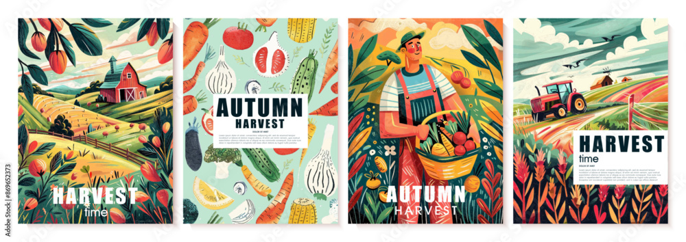 Time for harvest, autumn harvest. Set of vector illustrations of gardener, fields, tractor, vegetables, farm, harvest, nature. Drawings for flyers, promotional materials, posters, cards and other desi Time for harvest, autumn harvest. Set of vector illustrations of gardener, fields, tractor, vegetables, farm, harvest, nature. Drawings for flyers, promotional materials, posters, cards and other desi