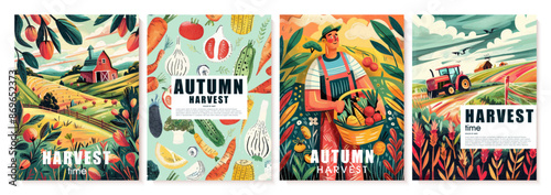 Time for harvest, autumn harvest. Set of vector illustrations of gardener, fields, tractor, vegetables, farm, harvest, nature. Drawings for flyers, promotional materials, posters, cards and other desi