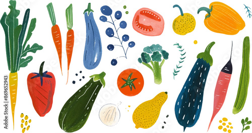 Set of watercolor vegetables. Carrots, peppers, eggplant, tomatoes, broccoli, cucumber and other vegetables. Vector illustration.
