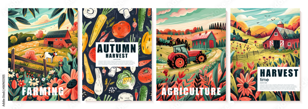 Obraz premium Time for harvest, autumn harvest. Set of vector illustrations of gardener, fields, tractor, vegetables, farm, harvest, nature. Drawings for flyers, promotional materials, posters, cards and other desi