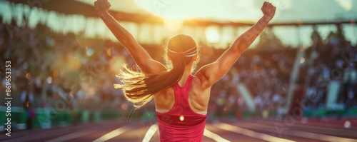 Female track and field athlete jubilantly celebrates victory, capturing the essence of triumph and dedication in a stadium setting. Free copy space for text.