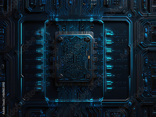 A close-up of a computer circuit board, a complex web of tiny electronic components connected by a printed circuit path photo