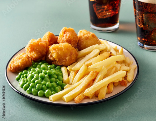 A plate of English style chip shop chips and fried fish nuggets scampi a with a fizzy drink and ketchup and mushy peas